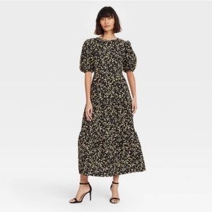 Who What Wear Linen Blend Maxi Dress Size L Large Black with Yellow White Floral